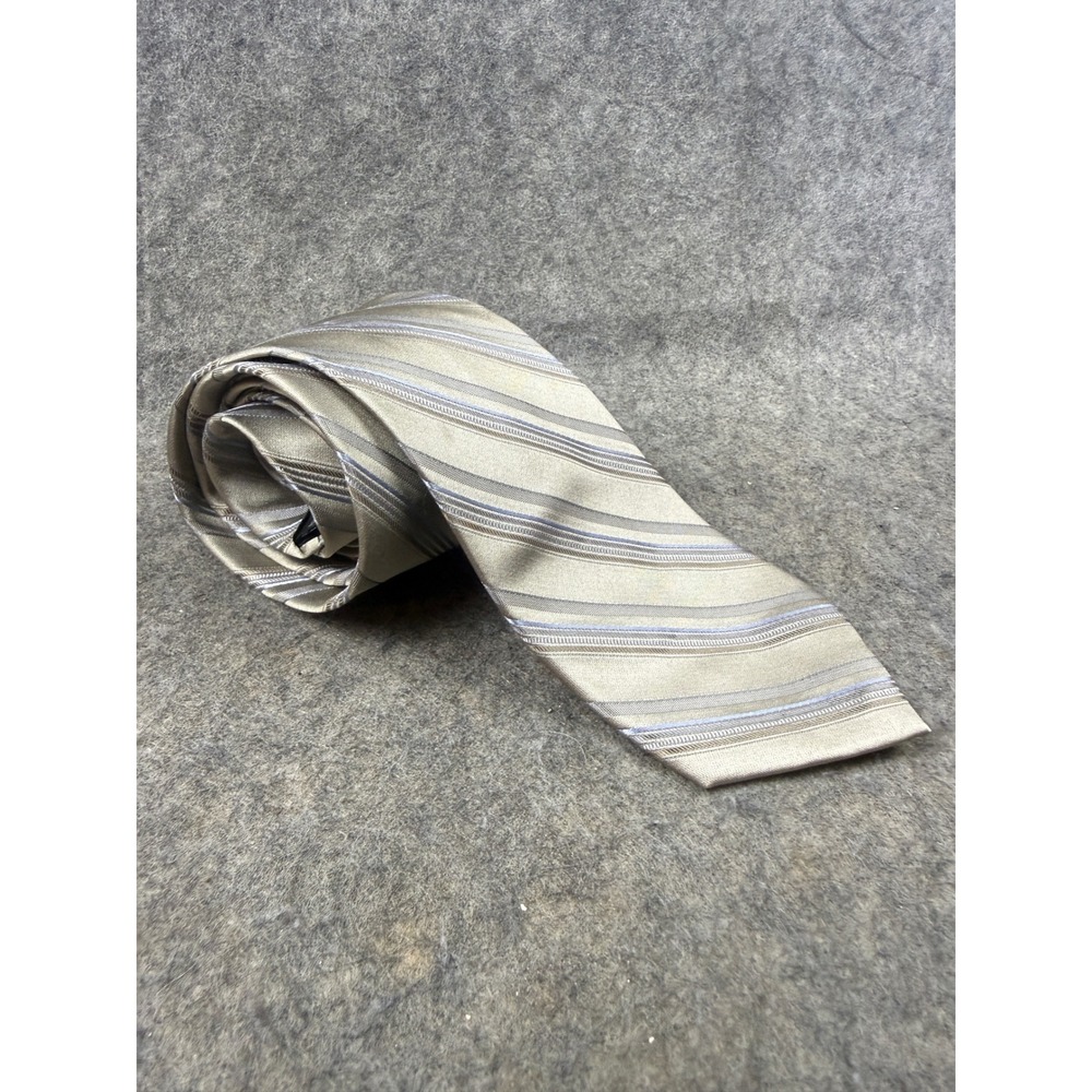 Calvin Klein Mens Silk Necktie Champagne Gold Blue Striped RN 121148